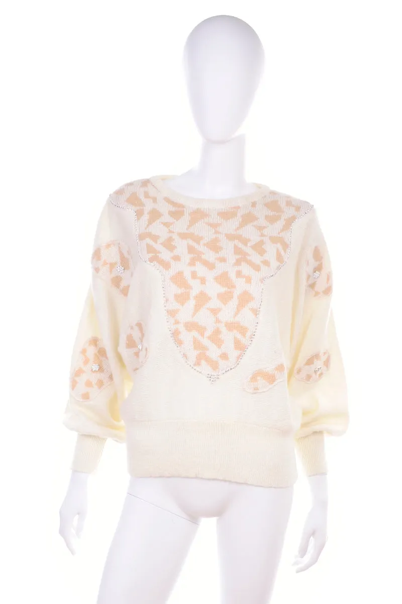 1980s Vintage Cream Giraffe Print Sweater w/ Bishop Sleeve