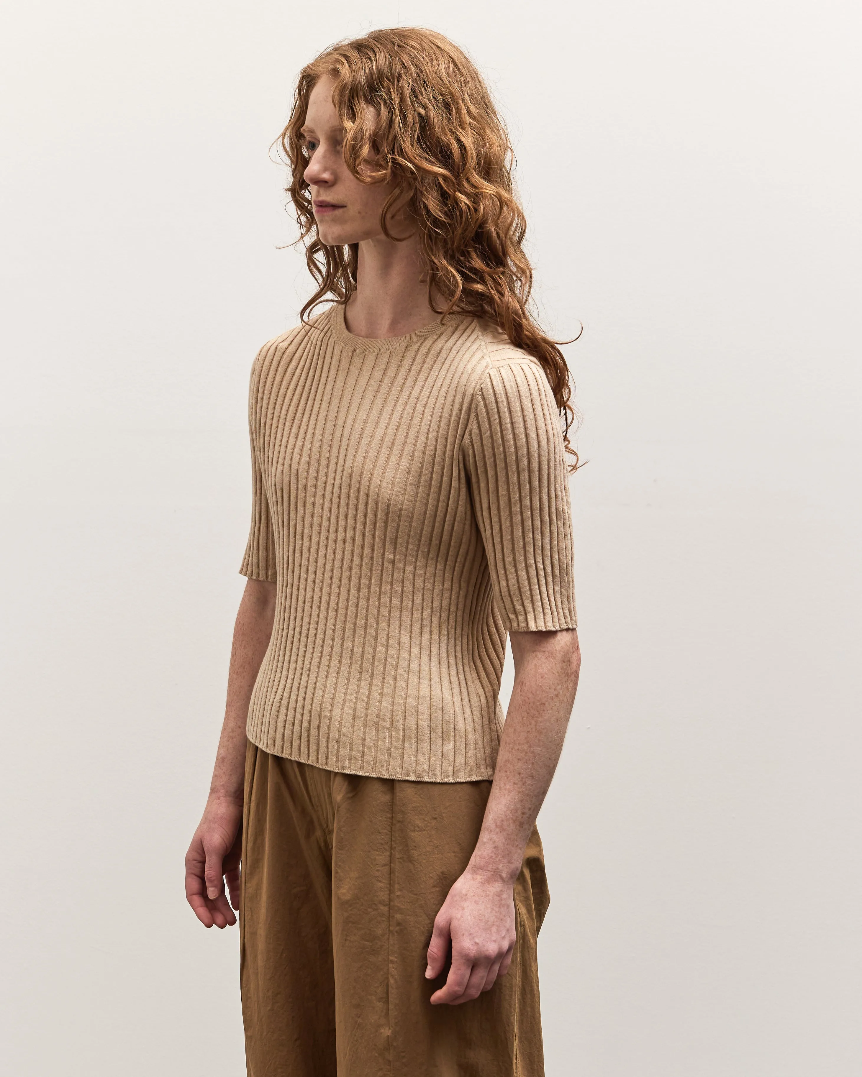 7115 Mid-Sleeves Ribbed Top, Tan