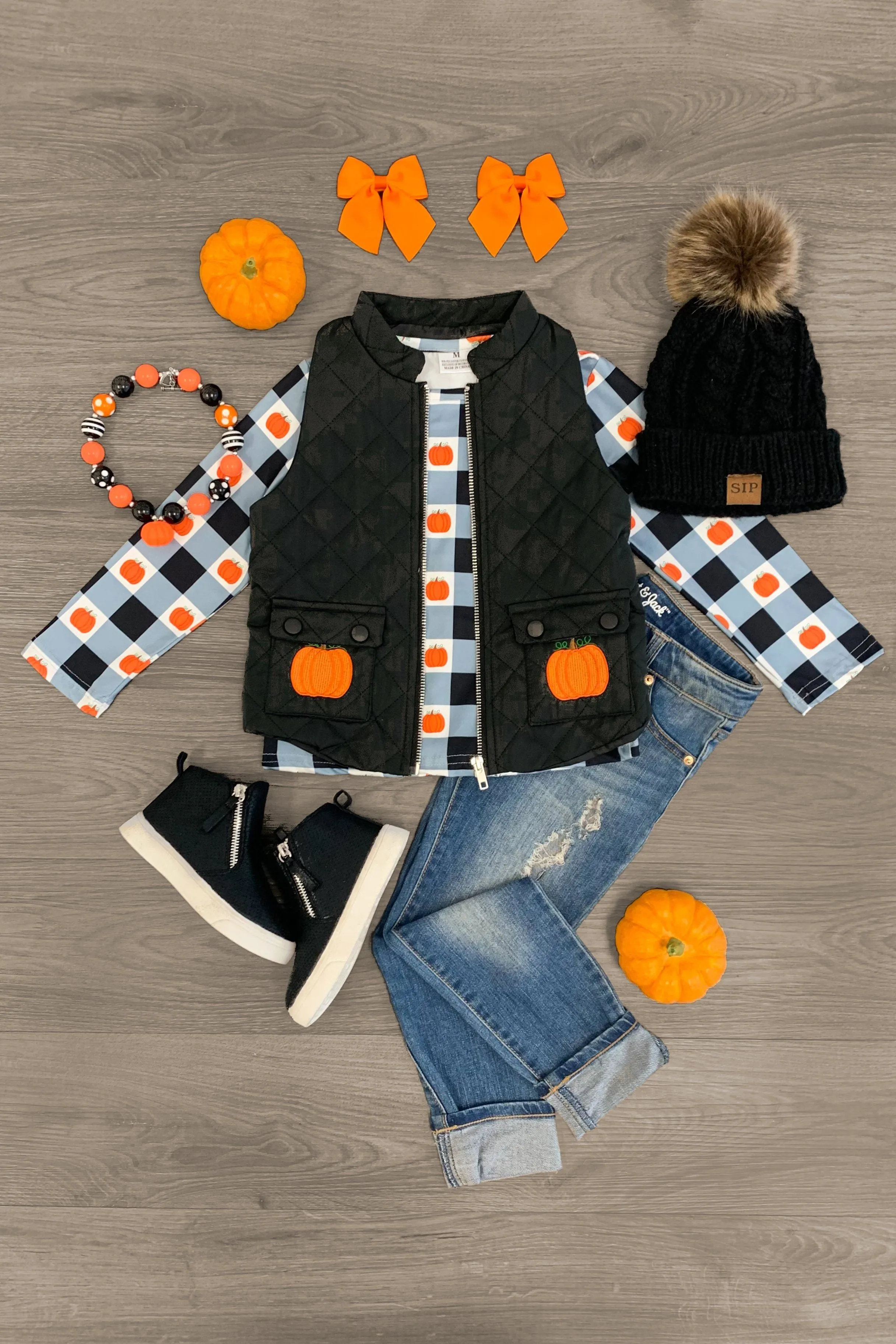 Buffalo Plaid Top With Pumpkin Vest Set