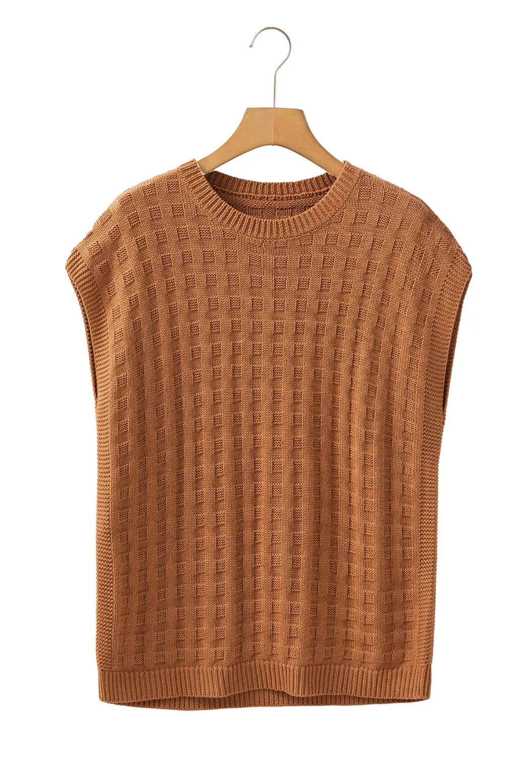 Camel Round Neck Textured Knit Sweater Vest