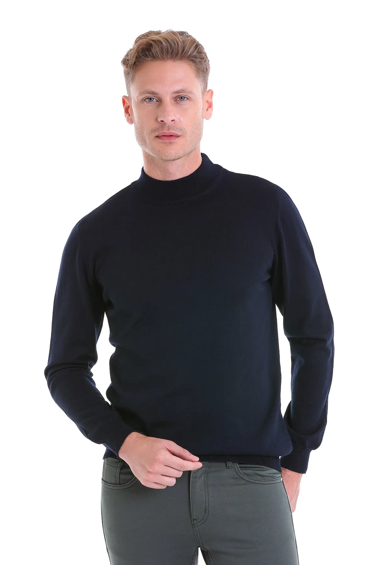 Comfort Fit Wool Blend Navy Mock Neck Sweater