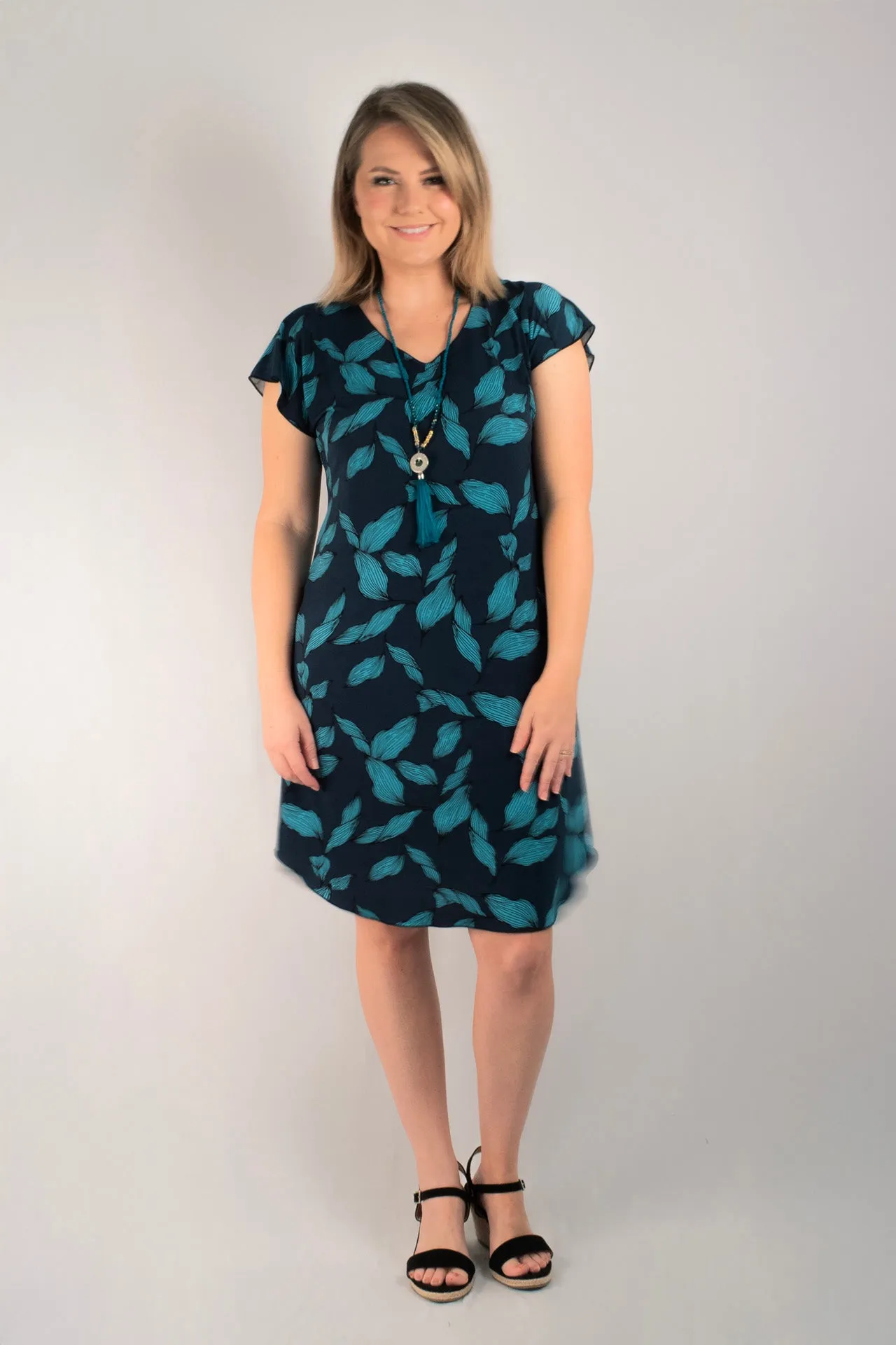 Cool Mint Print Short Sleeve Jersey Shift Dress