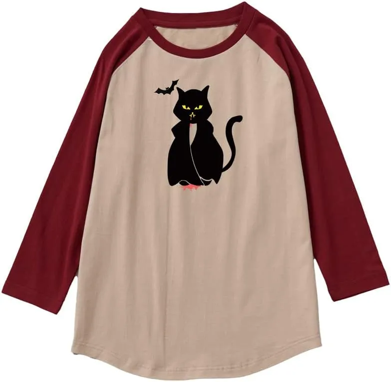 CORIRESHA Teen's Halloween Gothic T-Shirt Funny Cats Cotton Shoulder Sleeve Top