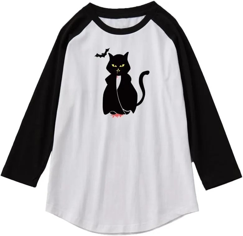 CORIRESHA Teen's Halloween Gothic T-Shirt Funny Cats Cotton Shoulder Sleeve Top