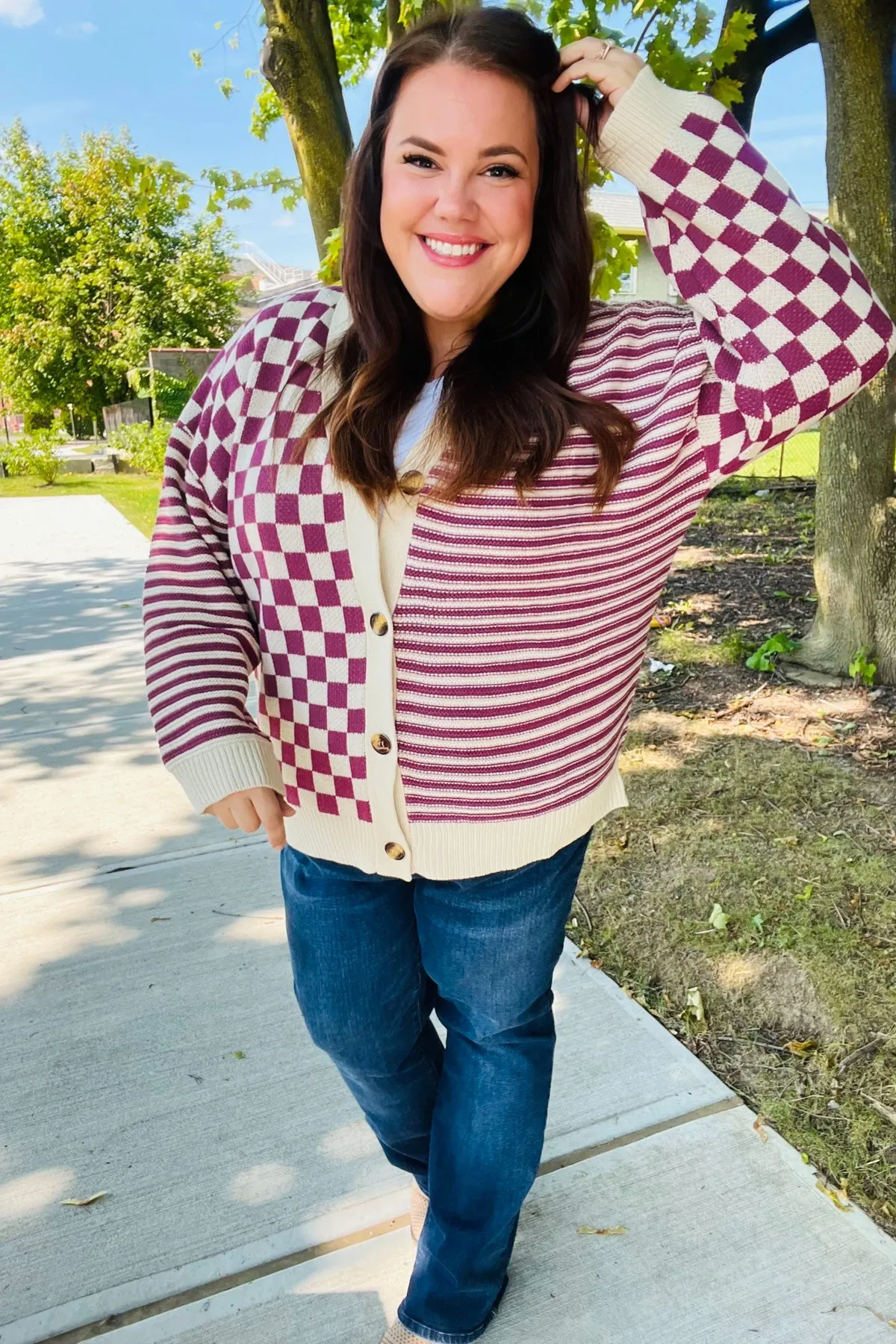 Cozy Days Magenta Checkered & Striped Button-Down Cardigan