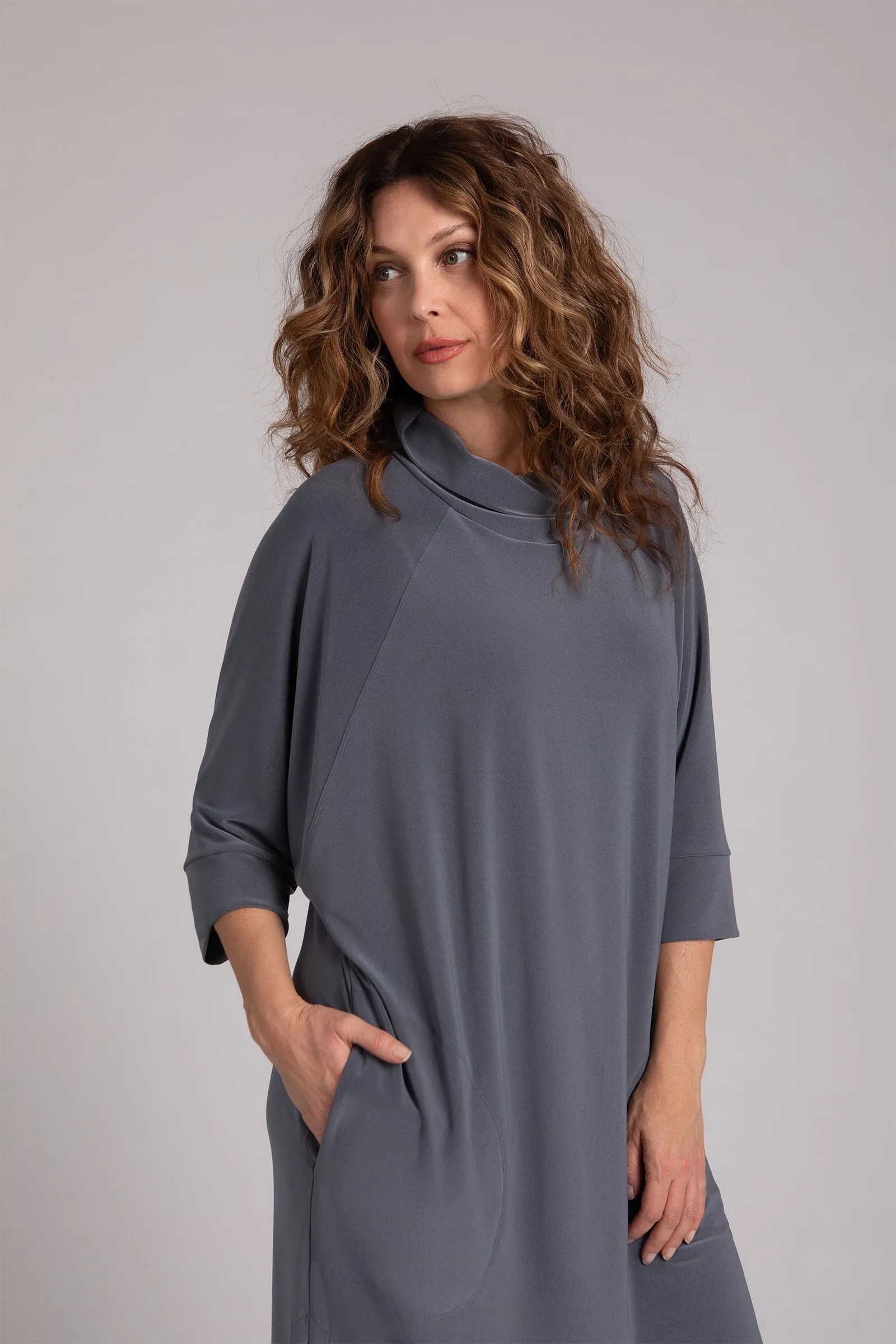 Cozy Raglan Funnel Neck Dress | Melange Gunmetal