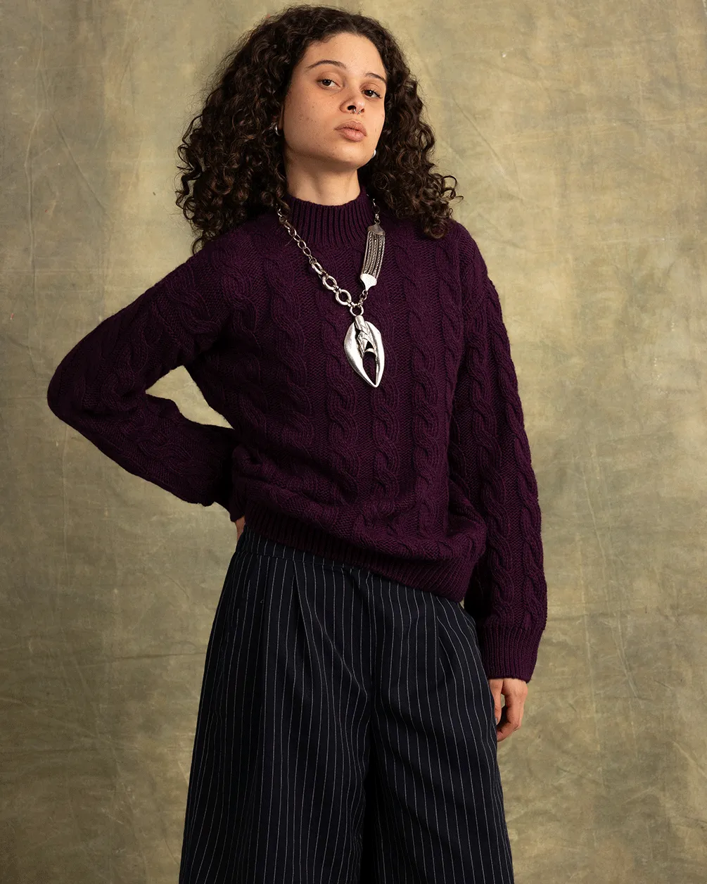 Dark Purple Cable Knit Sweater