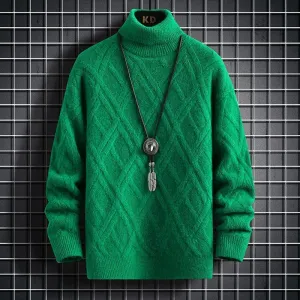 Diamond Turtleneck Sweater - Knit Pullovers Autumn Winter Slim Fit Solid Colour Diamond Stripes