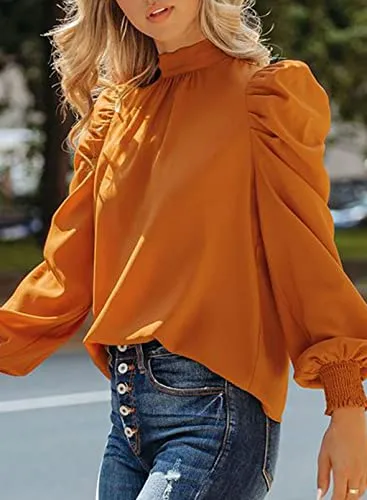 Dokotoo Womens Ladies Elegant Puff Long Sleeve High Neck Fall Summer Tops Turtleneck Chiffon Office Work Shirts and Blouses for Women Casual Loose Shirts Orange Medium