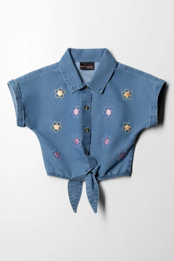 Flower Denim Shirt Blue