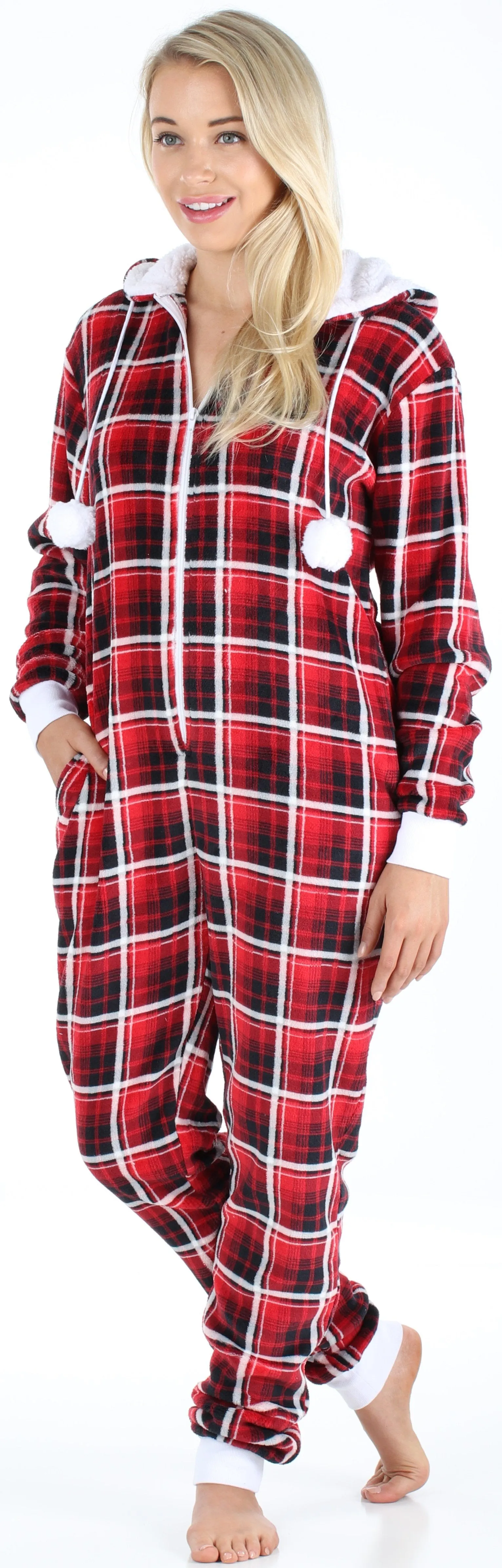 Frankie & Johnny Women’s Hooded Fleece Non-Footed Onesie Loungewear Pajamas