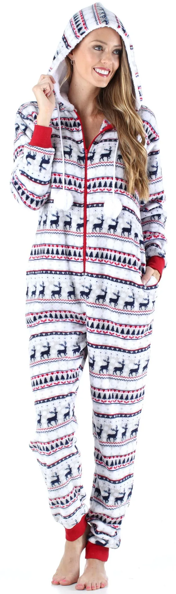 Frankie & Johnny Women’s Hooded Fleece Non-Footed Onesie Loungewear Pajamas