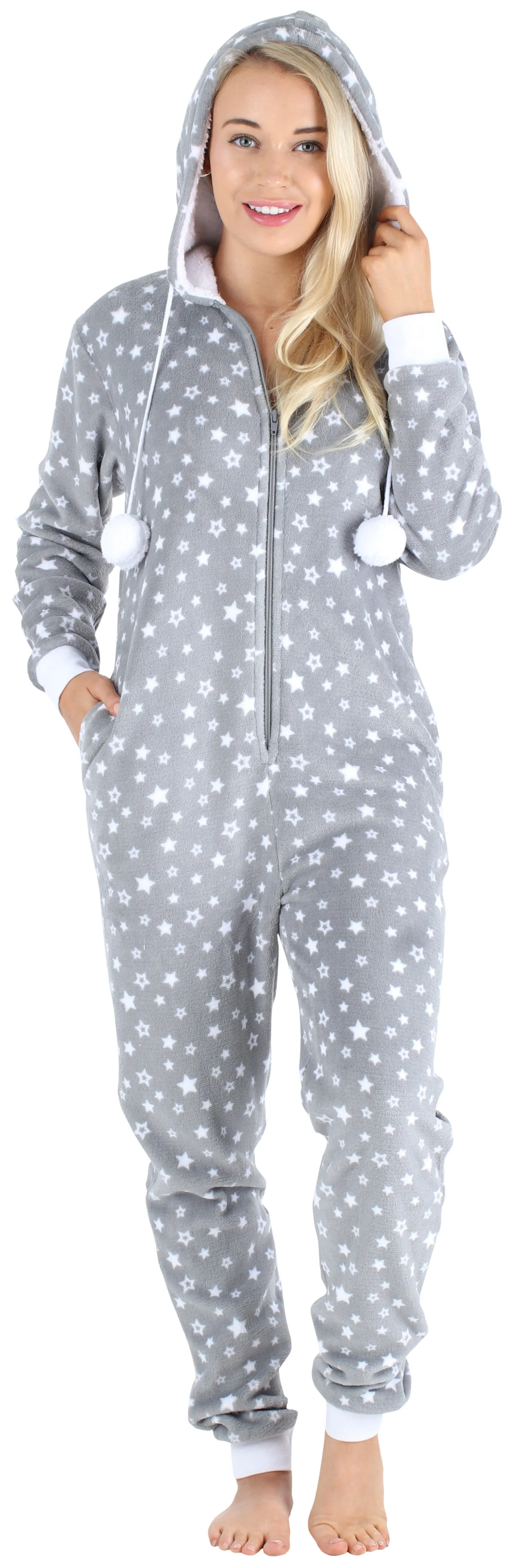 Frankie & Johnny Women’s Hooded Fleece Non-Footed Onesie Loungewear Pajamas