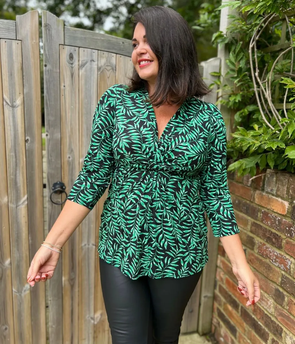 Green Leaf Print Twist Front Tunic Top