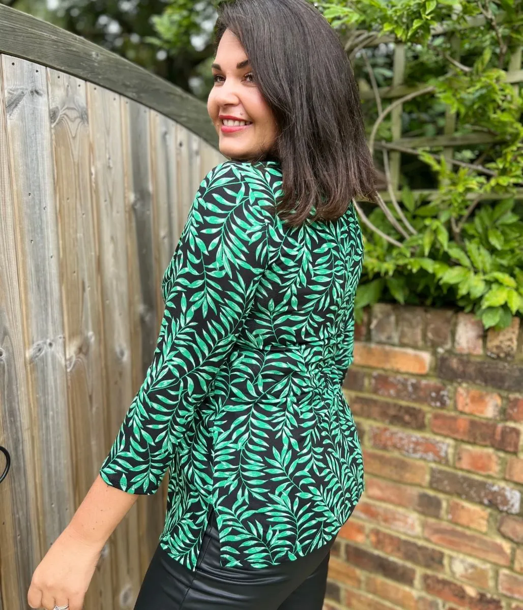 Green Leaf Print Twist Front Tunic Top