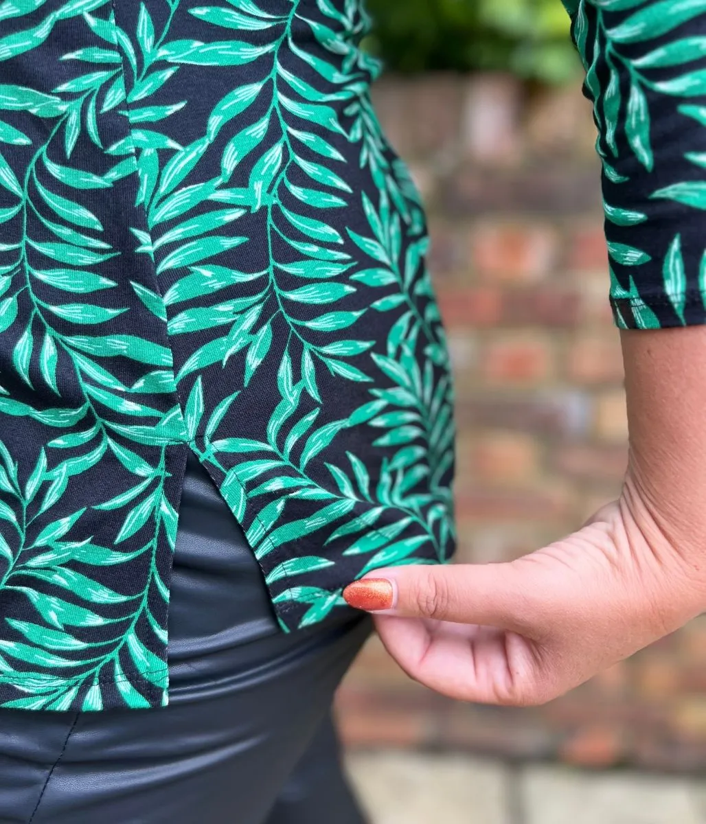 Green Leaf Print Twist Front Tunic Top