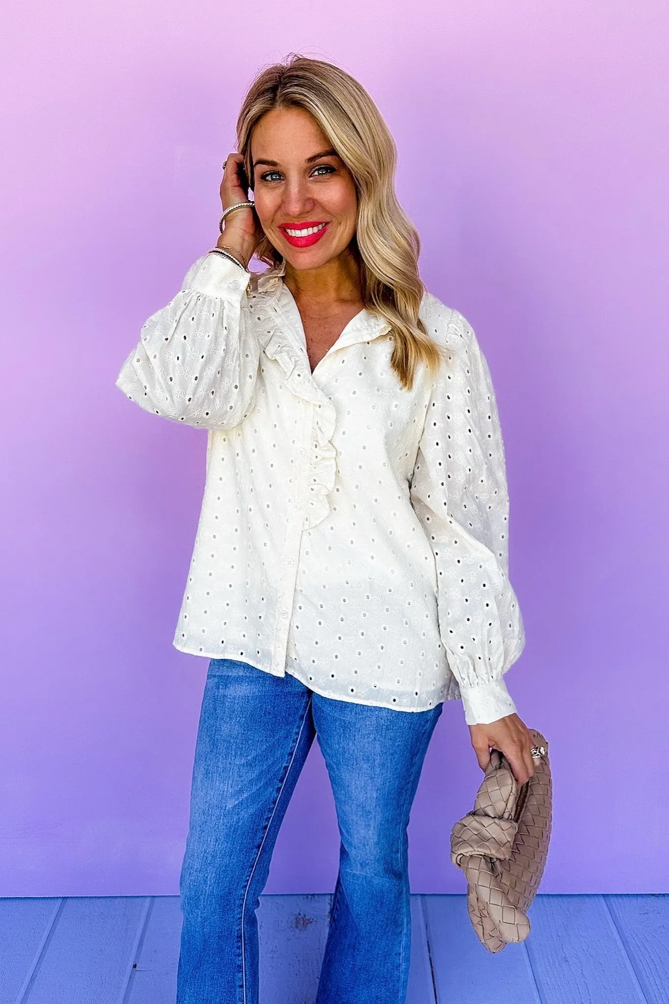 Ivory Eyelet Ruffle Button Down Cuffed Sleeve Top