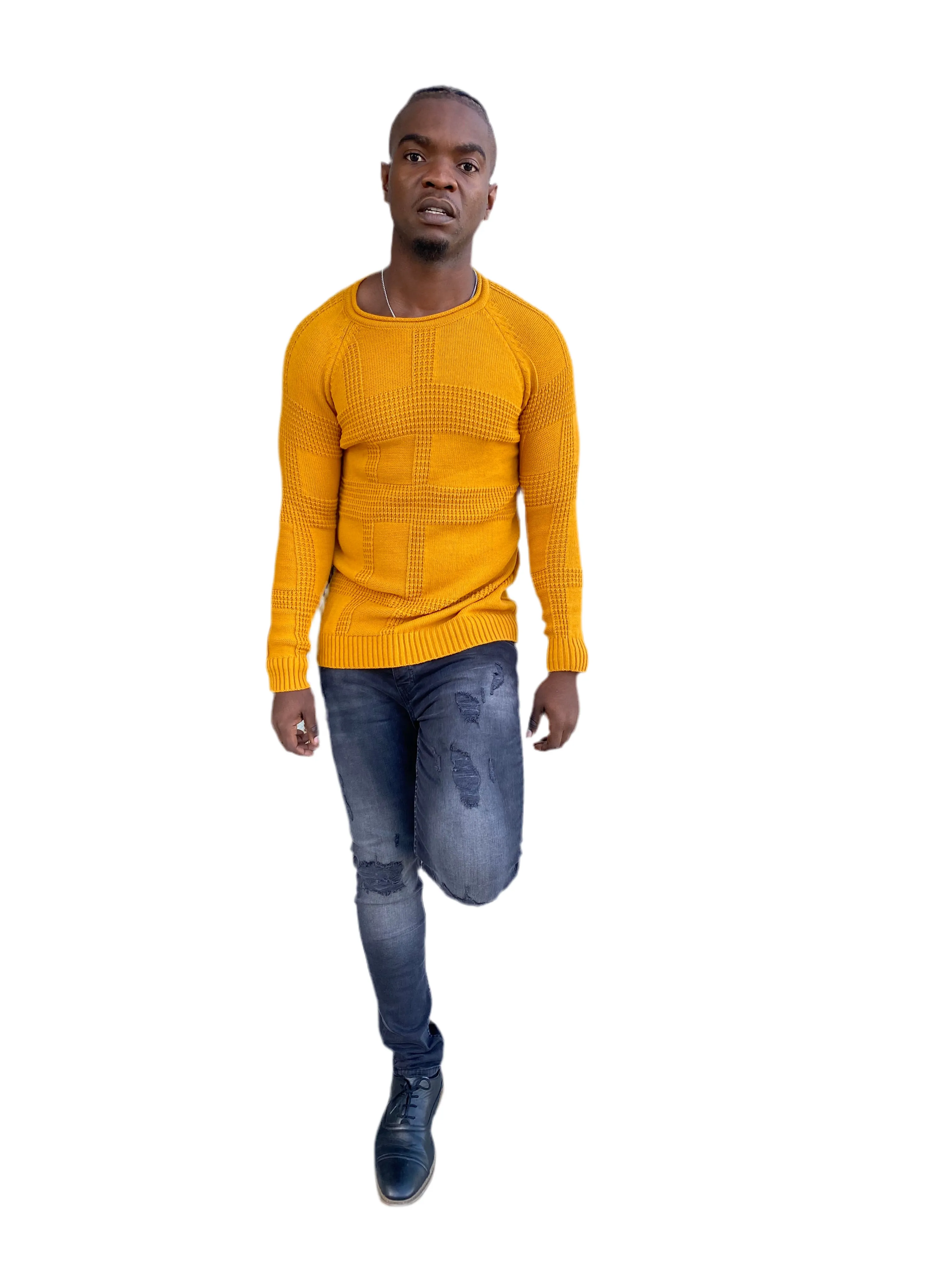 [Josie] Mustard Weight Knitted Crew Neck With Pattern