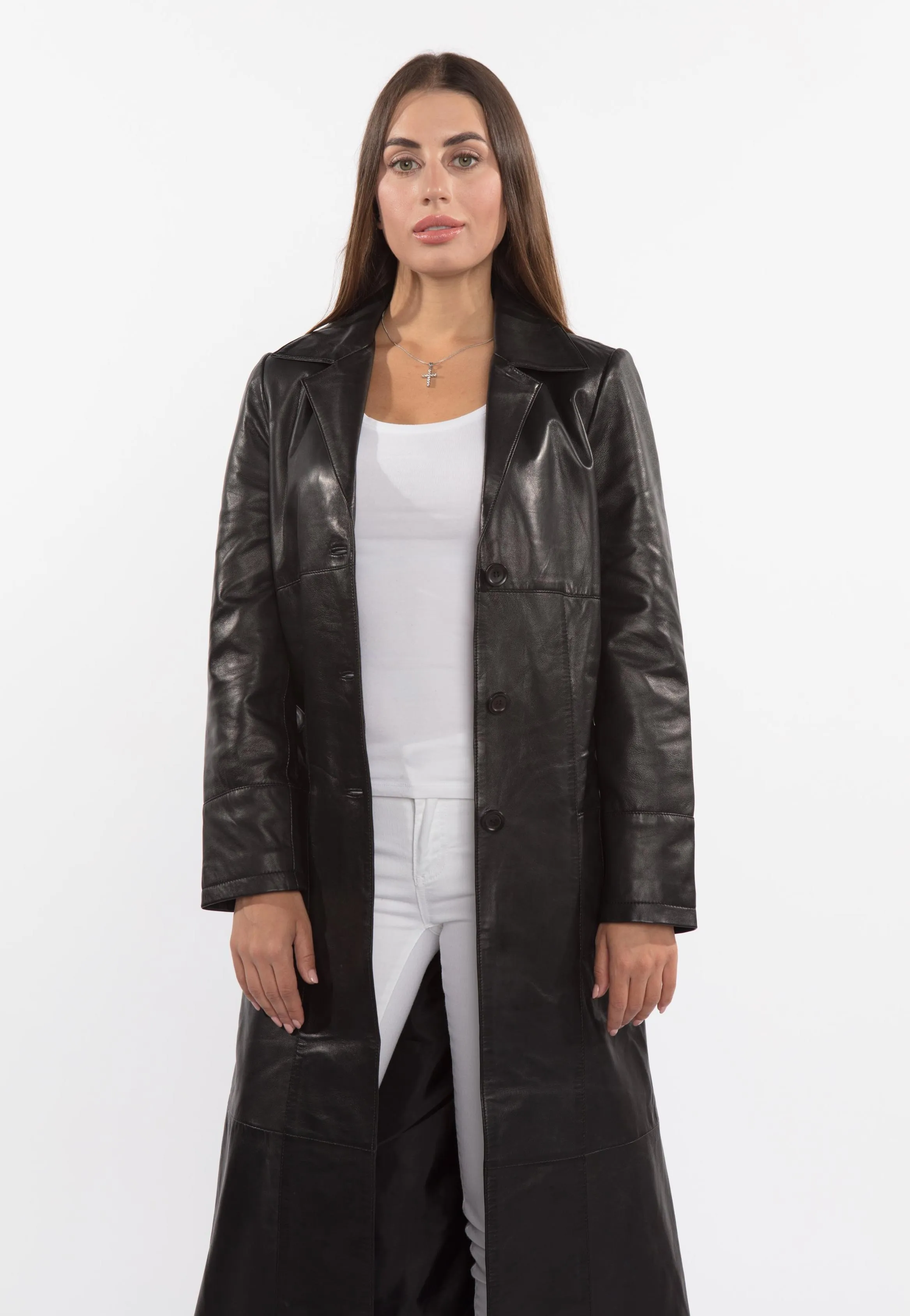 Ladies 3 Button Matrix Black Long Leather Coat