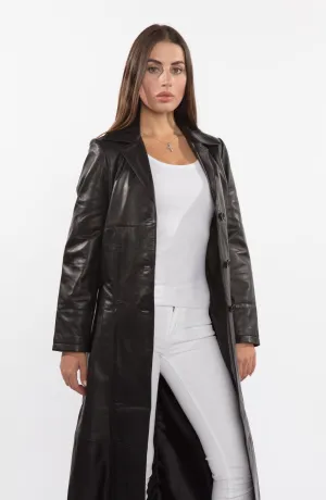 Ladies 3 Button Matrix Black Long Leather Coat