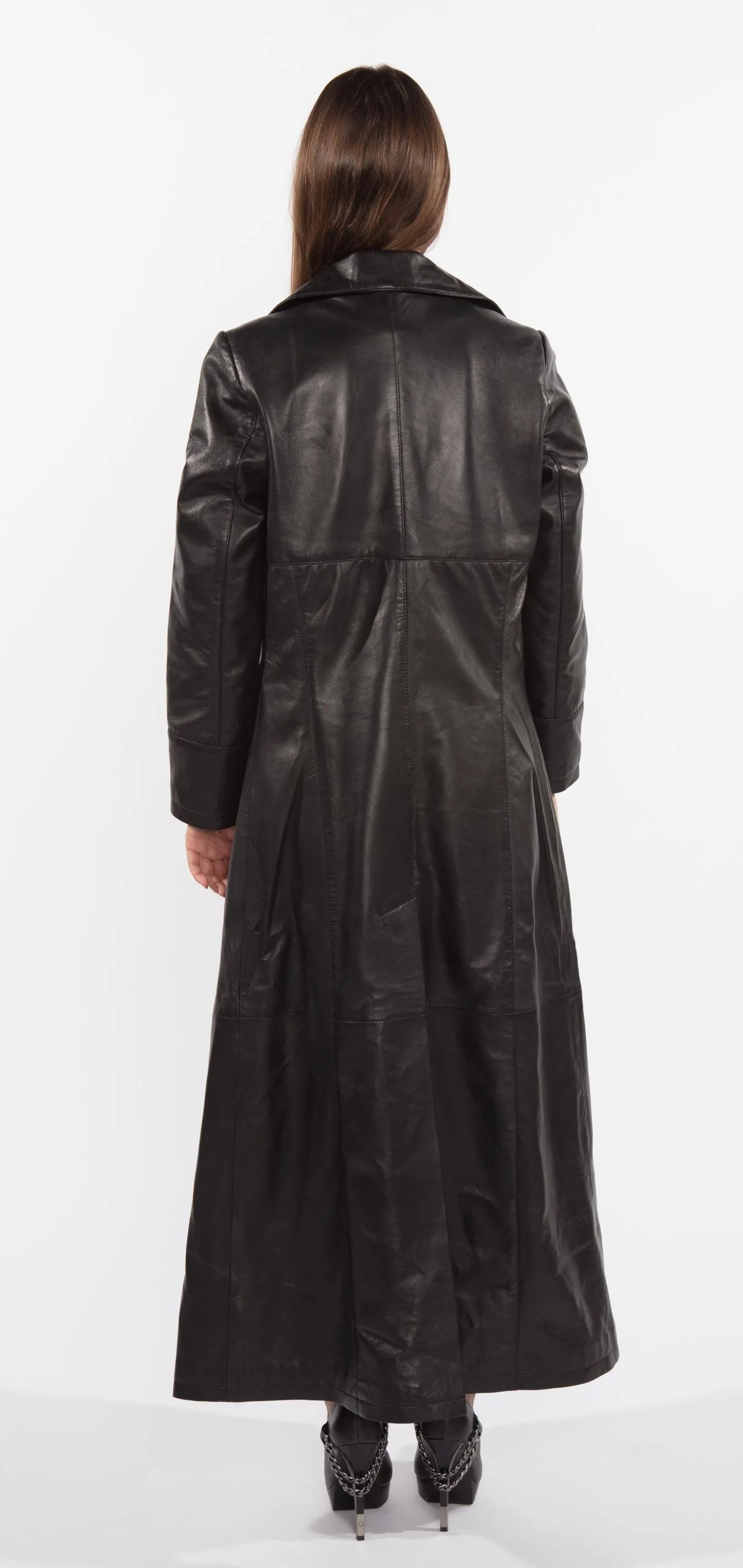 Ladies 3 Button Matrix Black Long Leather Coat