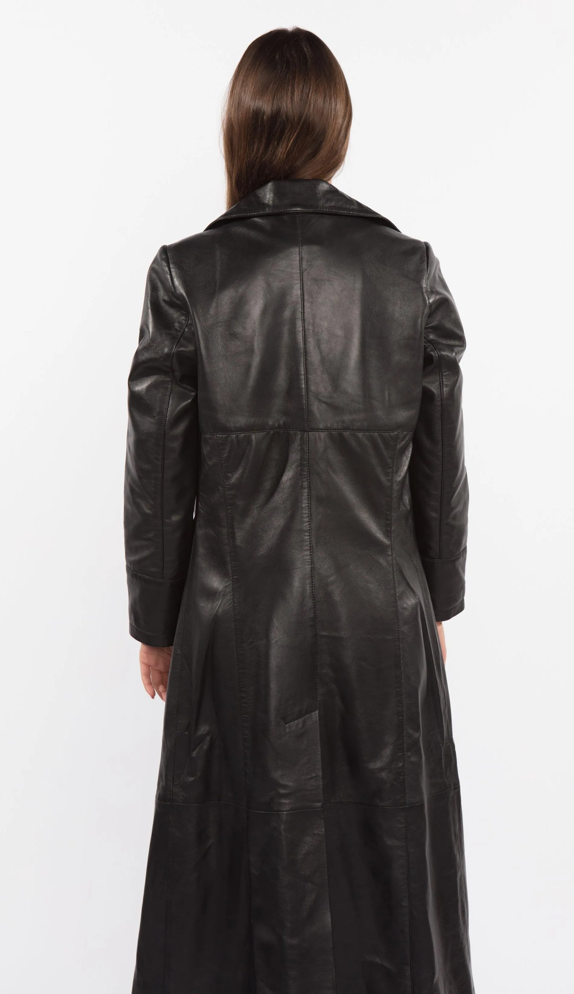 Ladies 3 Button Matrix Black Long Leather Coat