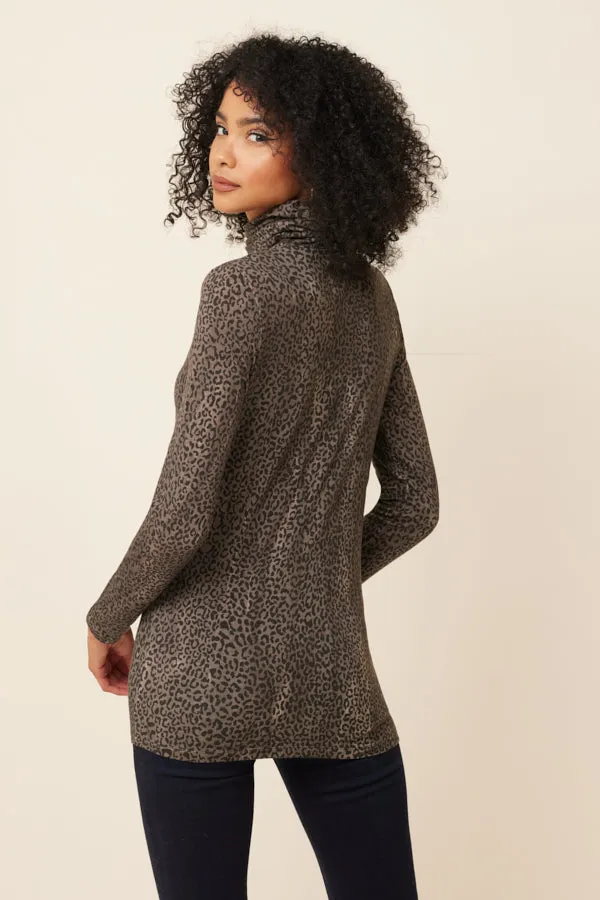 Lyocell Cashmere Stretch Cheetah Long Sleeve Turtleneck in Kaki