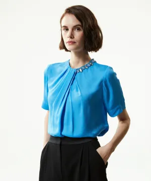 Machka Crystal-Stone Shirred Blouse Light Blue