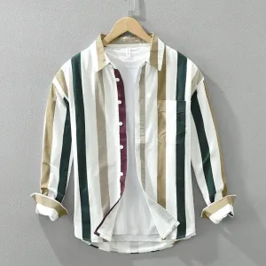 Men's Casual Striped Cotton Long Sleeve Shirt | Simple Fresh Style with Turn-Down Collar | Soft and Comfortable