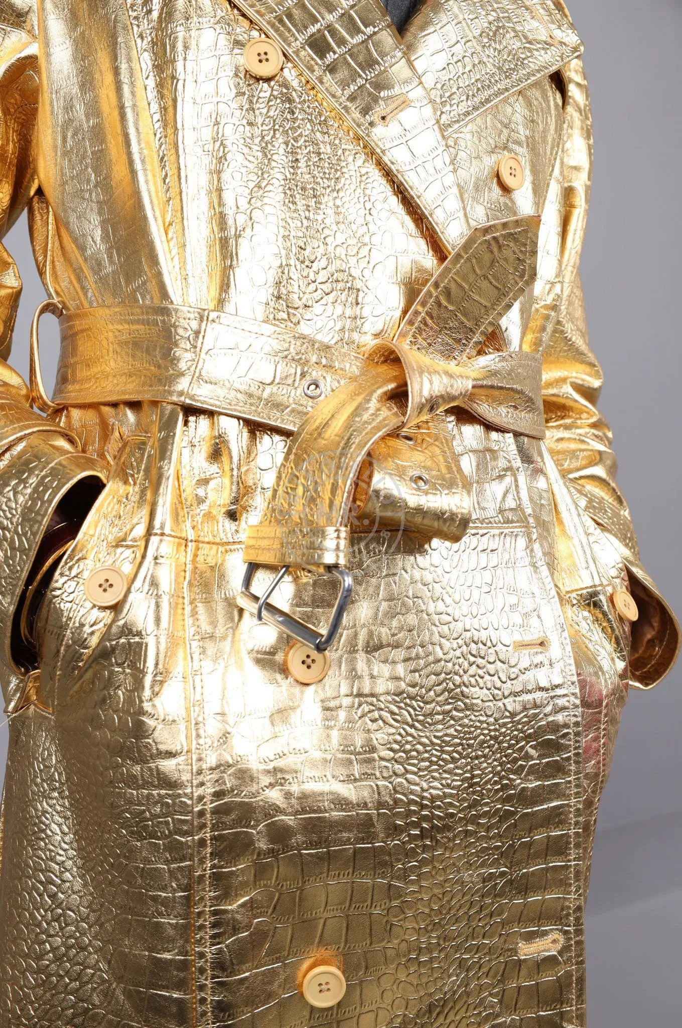 Metallic Leather Snake Trench Coat - Gold