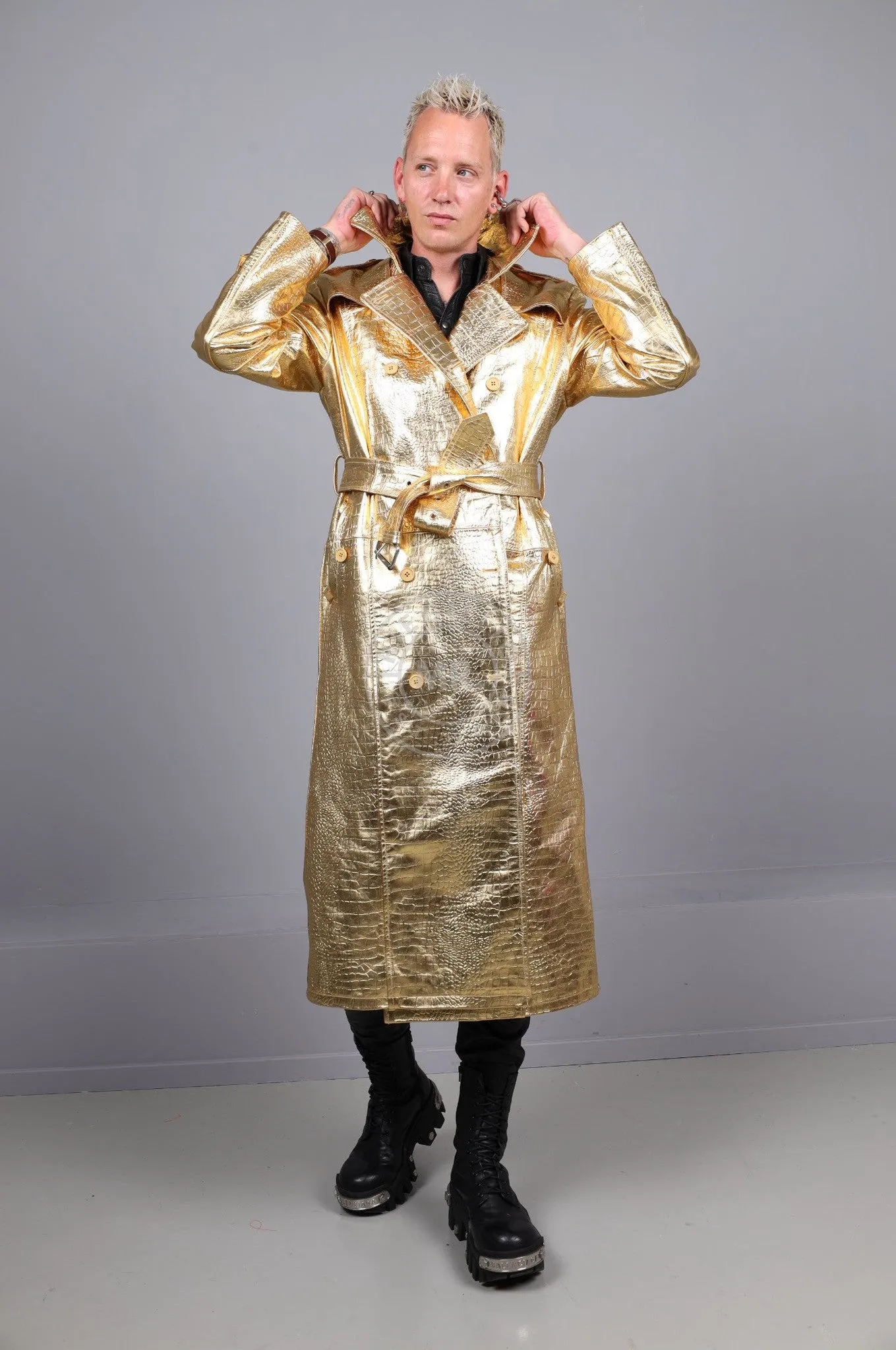 Metallic Leather Snake Trench Coat - Gold