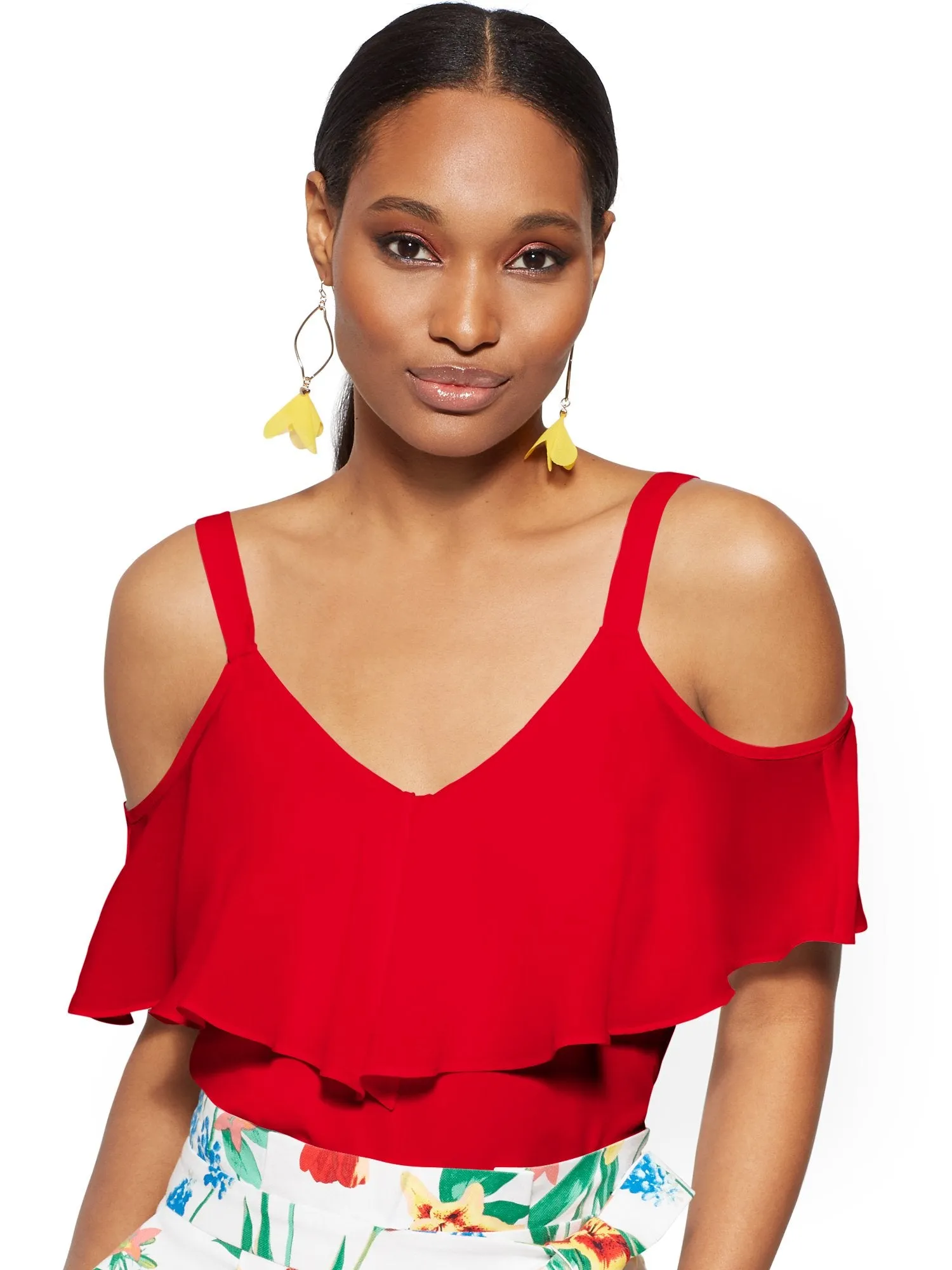 Petite Flounced Cold-Shoulder Top