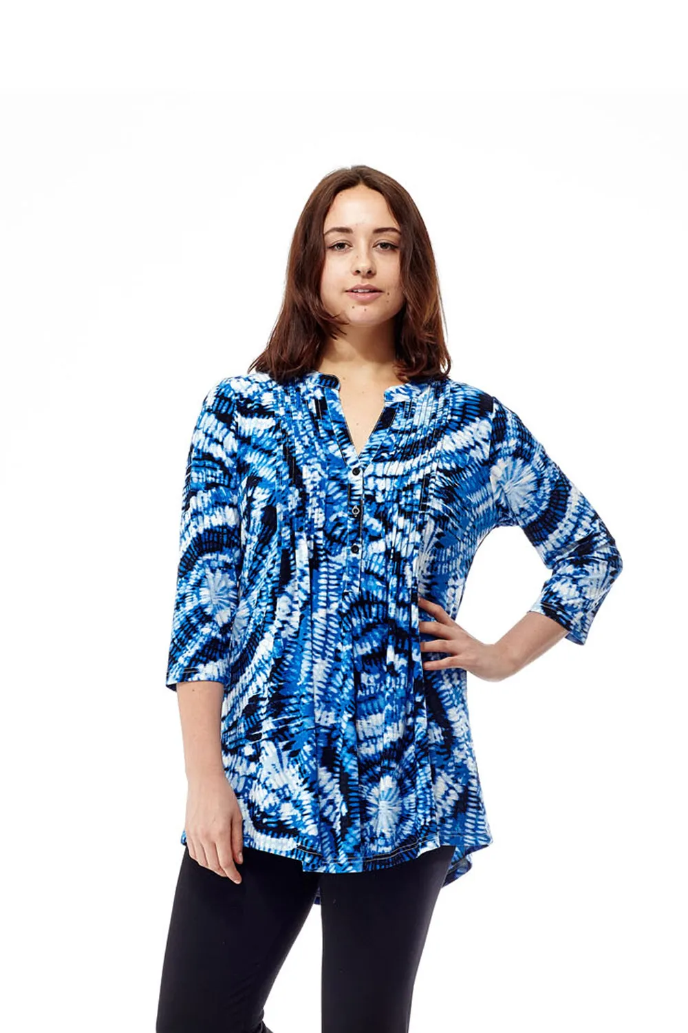 Plus Size La Cera Pleat Front Printed Tunic Tie-Dye Blue