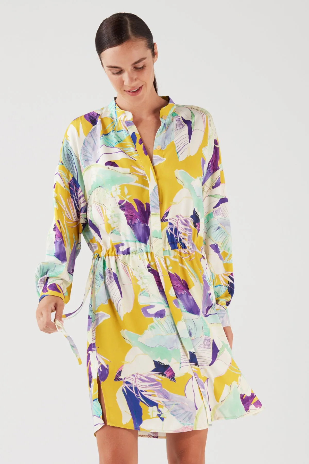 PURE VISCOSE FLORAL MINI SHIRT DRESS