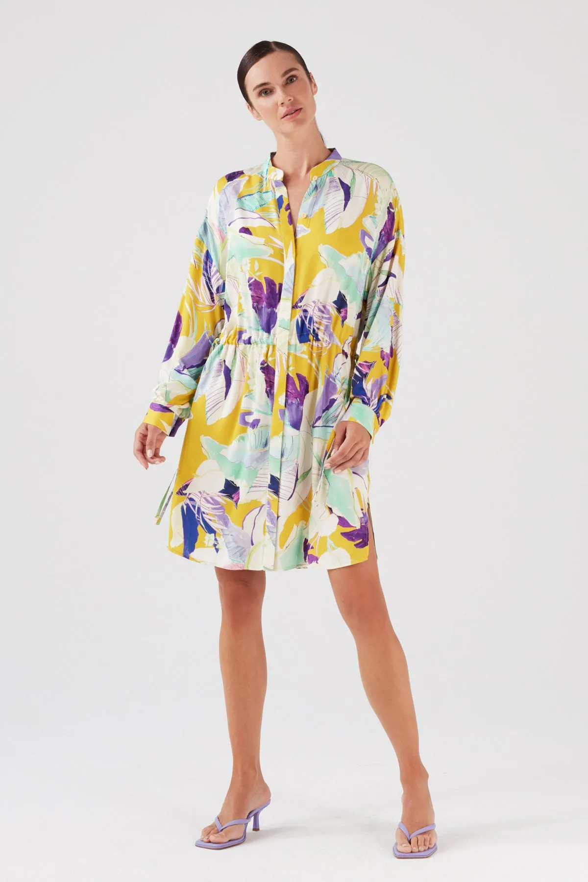 PURE VISCOSE FLORAL MINI SHIRT DRESS