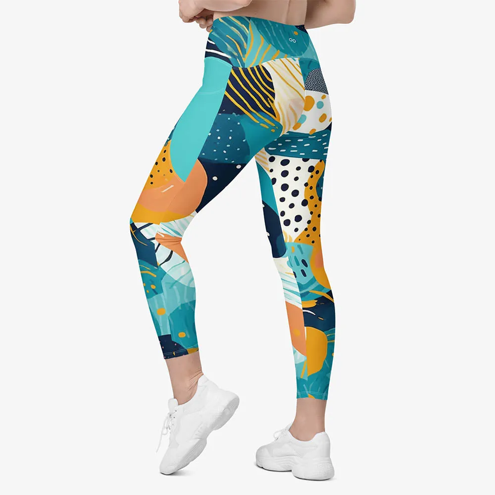 Recycled Printed Leggings "Seascape" Turquoise/Blue/Yellow with pockets