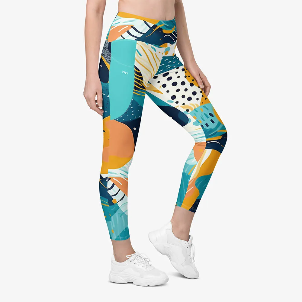 Recycled Printed Leggings "Seascape" Turquoise/Blue/Yellow with pockets