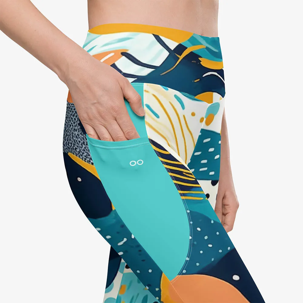 Recycled Printed Leggings "Seascape" Turquoise/Blue/Yellow with pockets