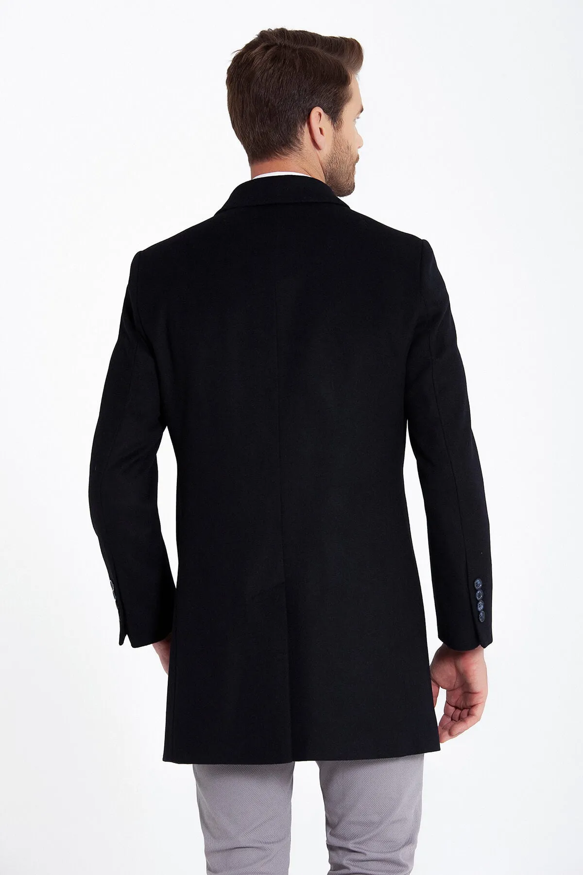 Regular Fit Cachet Flat Collar Wool Blend Navy Overcoat