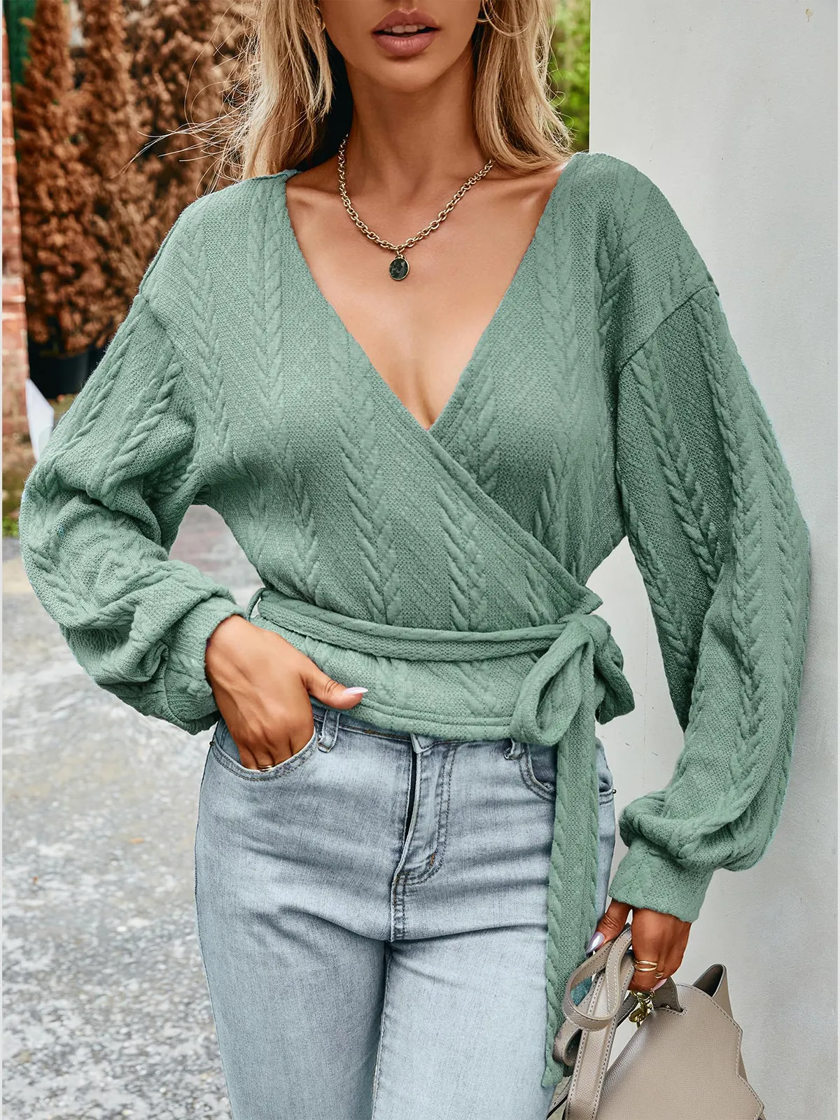 Ribbed Knit Drawstring V-Neck Top