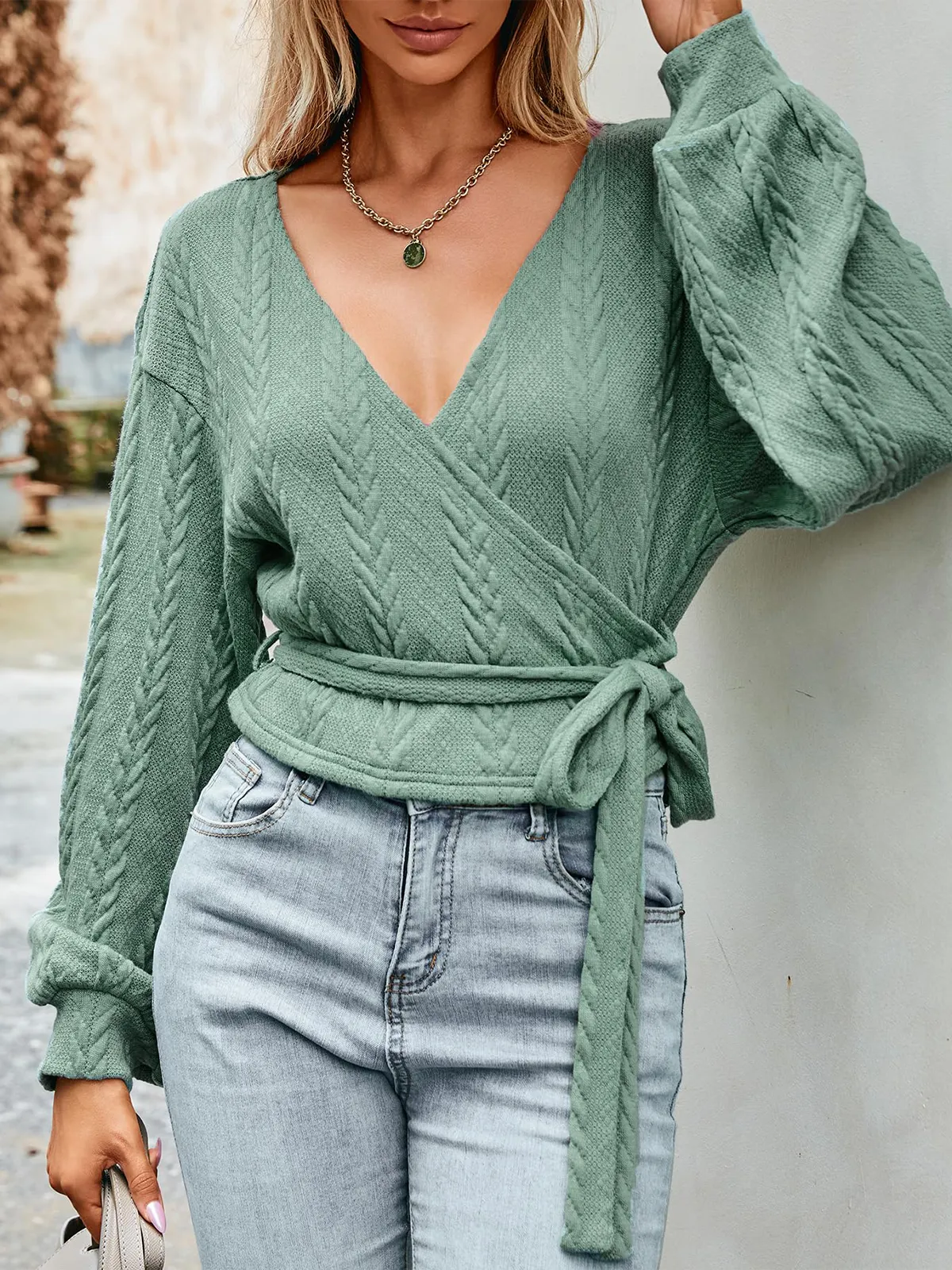 Ribbed Knit Drawstring V-Neck Top