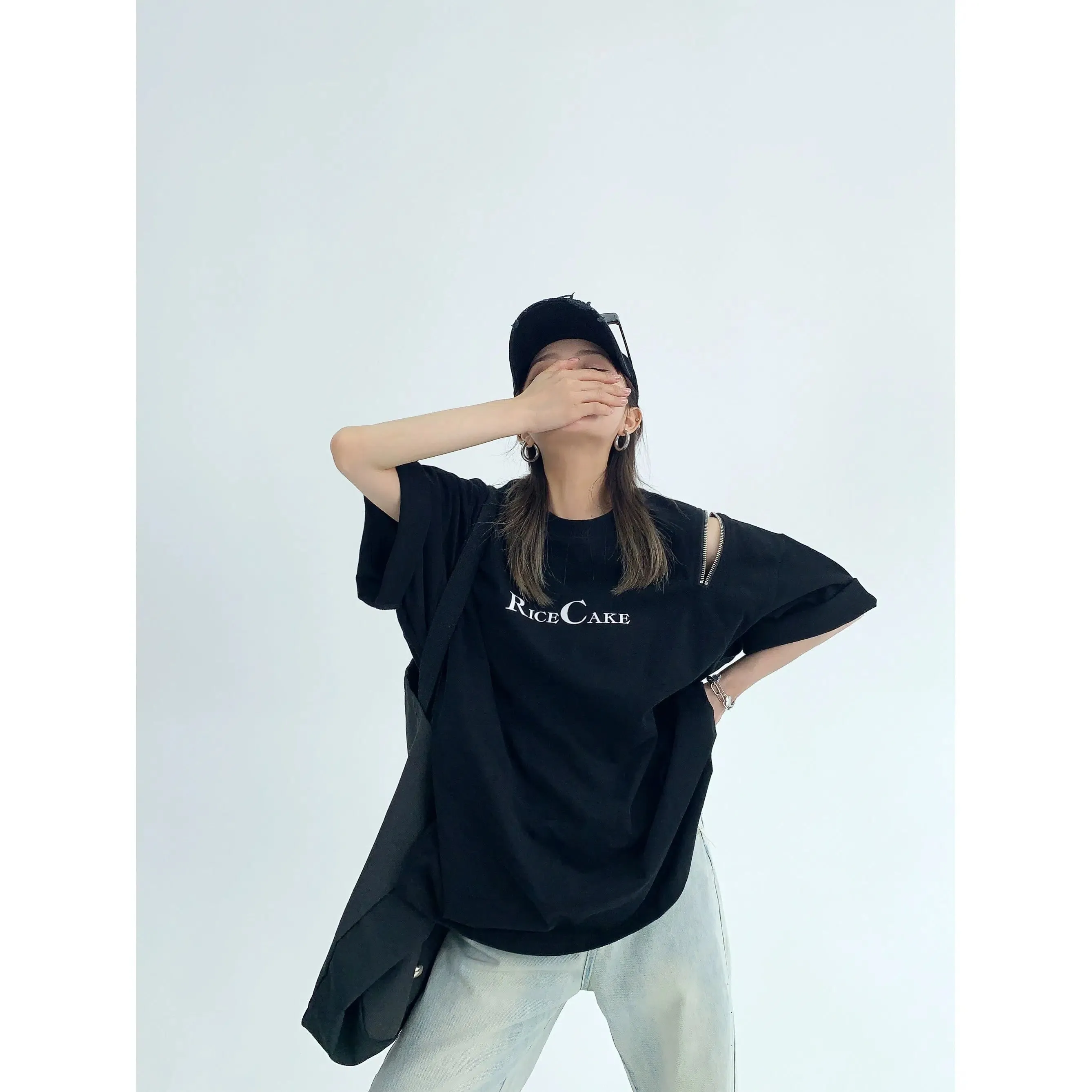 Shoulder Cutouts Oversized Graphic T-Shirt