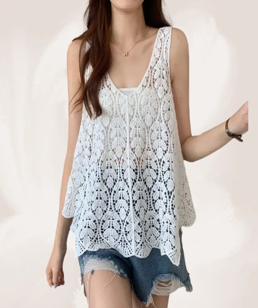 Women Sleeveless Tank Top Crochet Boho Camisole Summer Cover Up Vest Shirt Leaf A Line