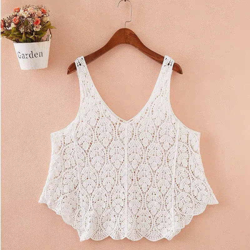 Women Sleeveless Tank Top Crochet Boho Camisole Summer Cover Up Vest Shirt Leaf A Line