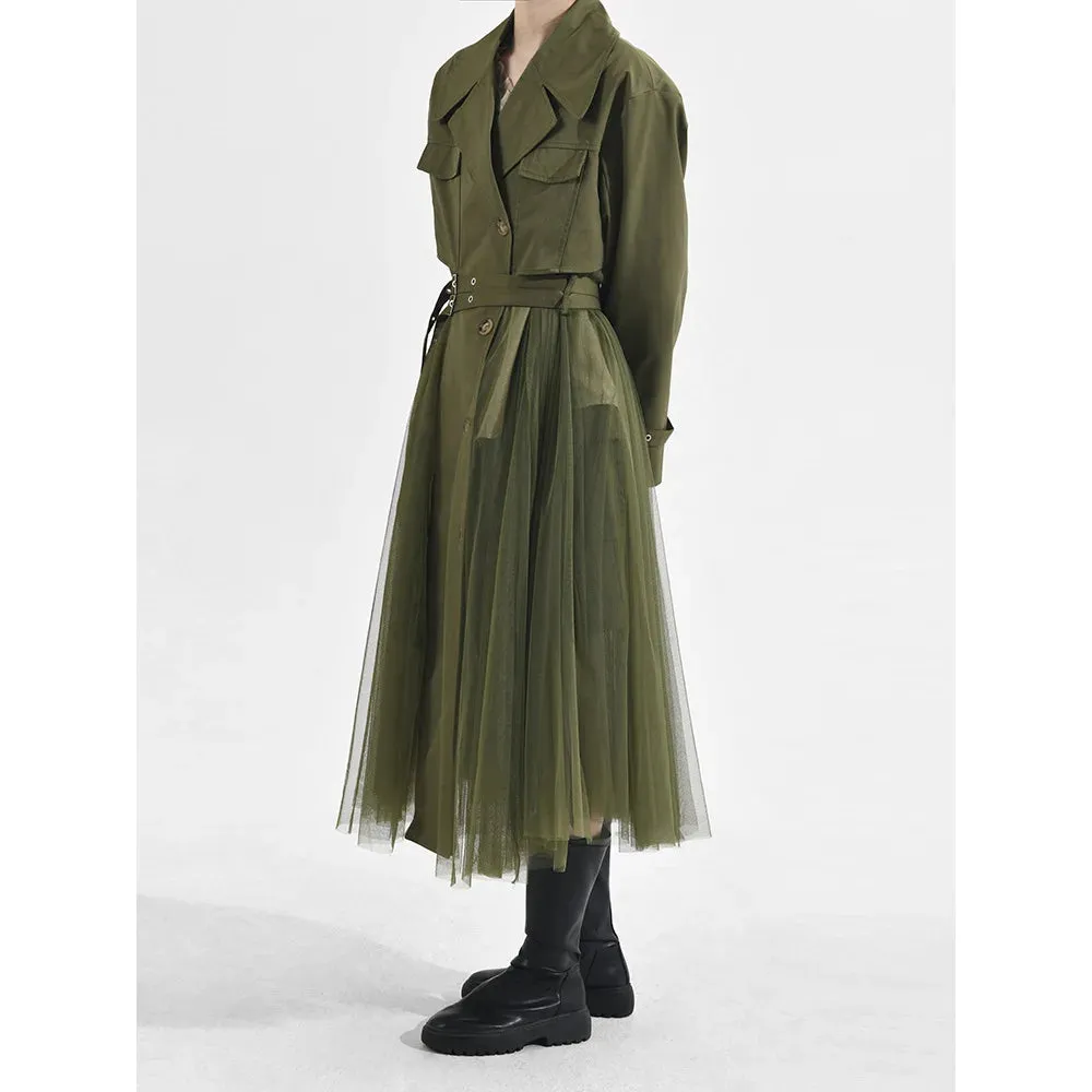 Women's Elegant Trench Coat with Pleated Mesh