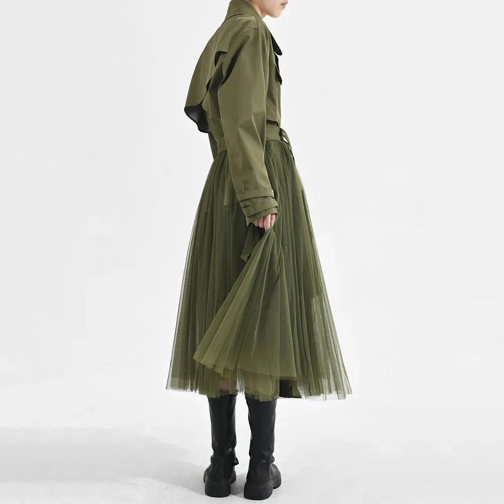 Women's Elegant Trench Coat with Pleated Mesh