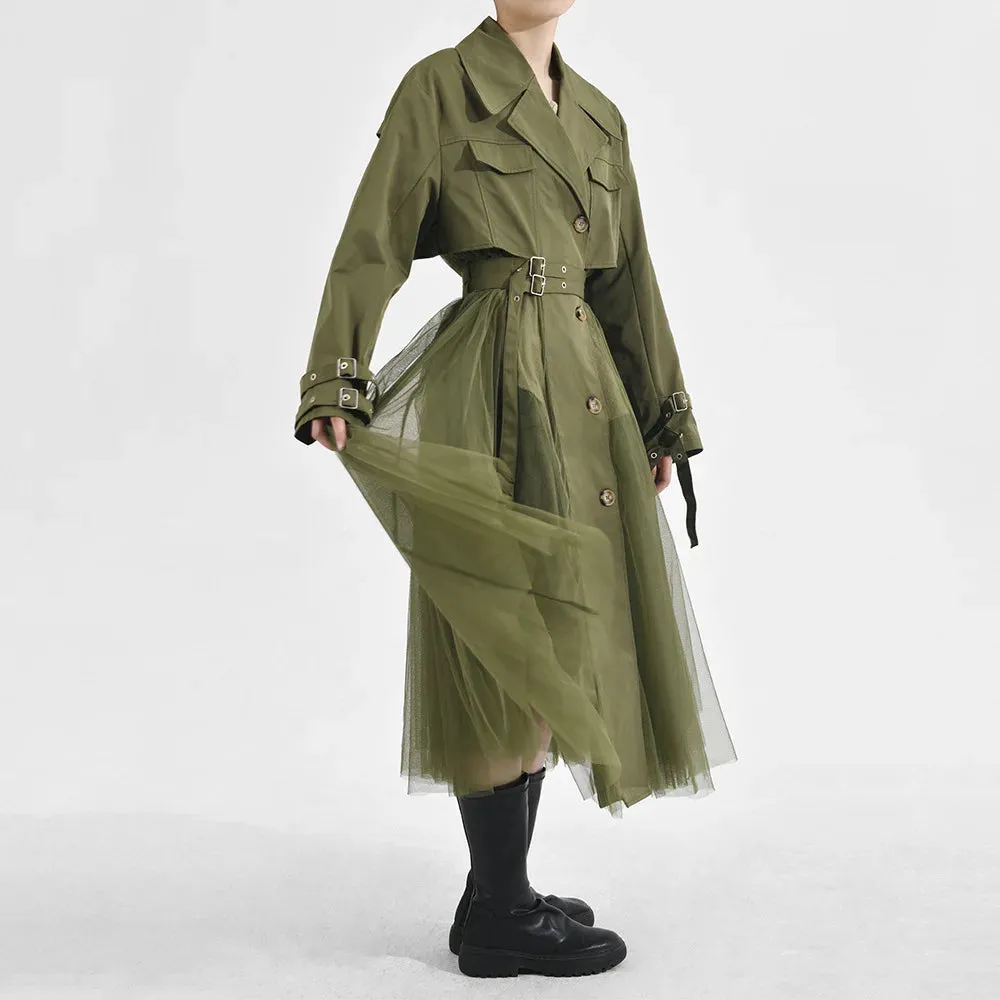 Women's Elegant Trench Coat with Pleated Mesh