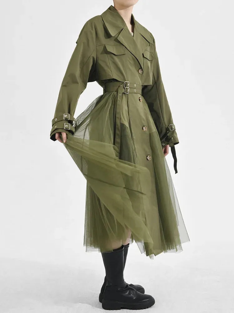 Women's Elegant Trench Coat with Pleated Mesh