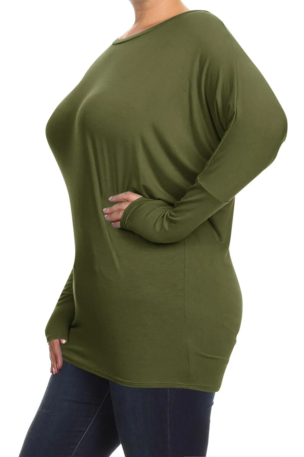 Women's Plus Size Dolman Long Sleeve Solid Loose Fit Tunic Top