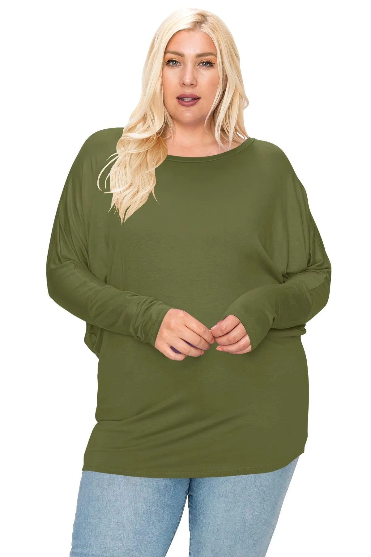 Women's Plus Size Dolman Long Sleeve Solid Loose Fit Tunic Top